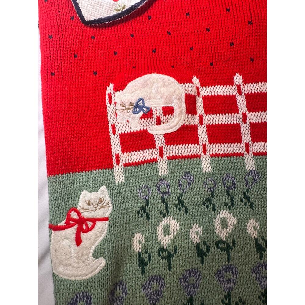 vtg Sweater Loft Womens L Knit Cat Floral Flower Red Cottage Core Grandma Kawaii - Picture 9 of 11